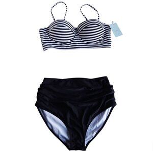 Cupshe Bikini Size Small Black White Striped Top Solid Black Bottoms NWT